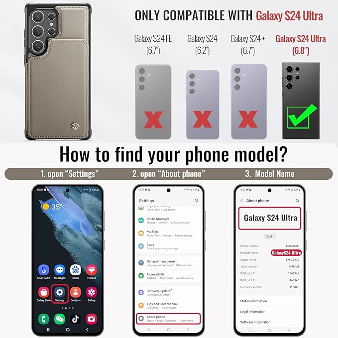 Vinich for Samsung Galaxy S24 Ultra Wallet Case with Card Holder, RFID Blocking Credit Slots Kickstand Shockproof Phone Cover for Women Men, Gray