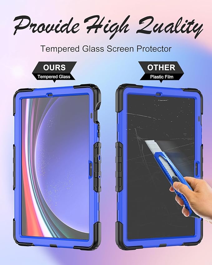 Case for Samsung Galaxy Tab S10 Plus/ S9 FE Plus/ S9 Plus 5G Case 12.4" with Tempered Glass Screen Protector, Rotatable Kickstand/Hand & Shoulder Strap/S Pen Holder (Blue)
