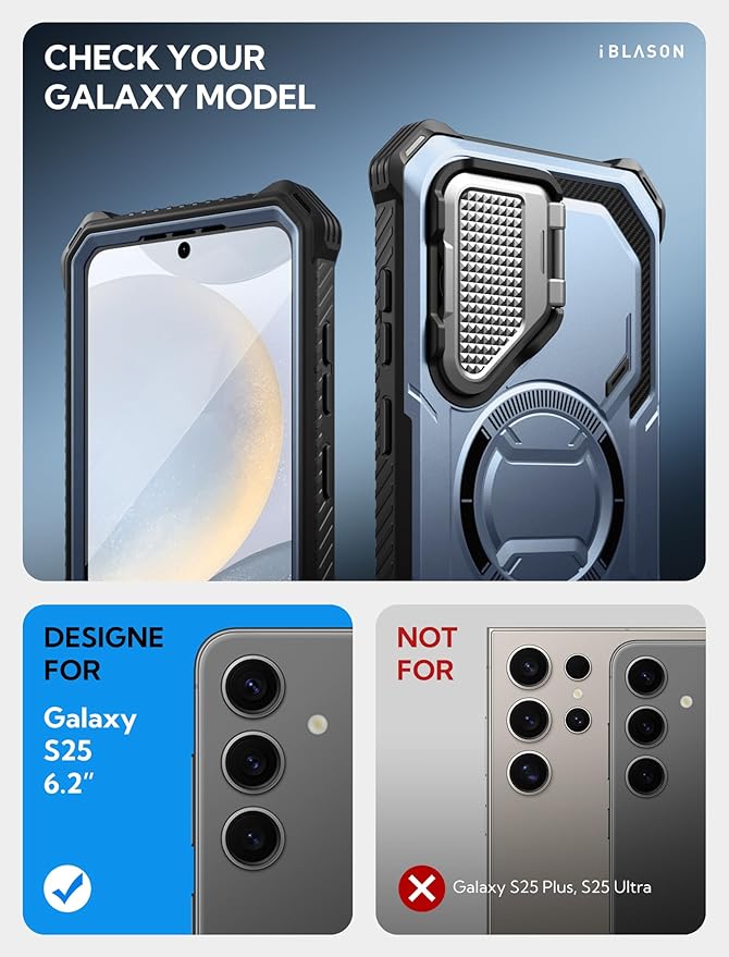 i-Blason for Samsung Galaxy S25 Case with Camera Cover Stand [MagSafe Compatible] [Built-in Screen Protector] Full-Body Military-Grade Protection Rugged Magnetic Phone Case for S25 6.2'', Blue