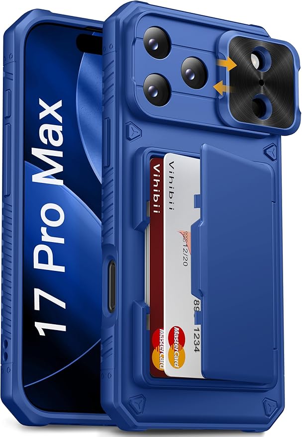 Vihibii for iPhone 17 Pro Max Case with Card Holder (4 Cards) [RFID Blocking] & Slide Camera Cover, Military Grade Drop Protection, Rugged Hard Back & Silicone Edge Wallet Phone Case 2025, Royal Blue