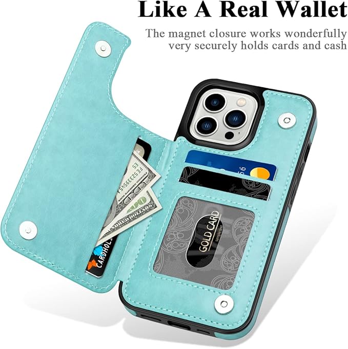 MMHUO Mint Flower Magnetic Back Flip Case for iPhone 14 Pro with Card Holder