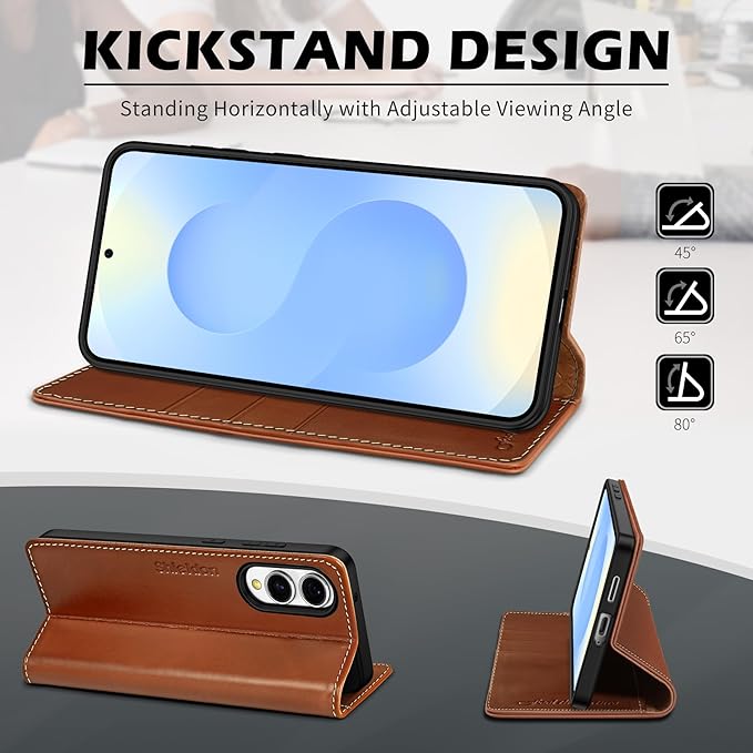 SHIELDON Case for Galaxy S25 Edge 5G, Genuine Leather Folio Wallet Magnetic Kickstand RFID Blocking Card Slots Shockproof Full Protection Cover Compatible with Galaxy S25 Edge 6.7" 2025 - Retro Brown