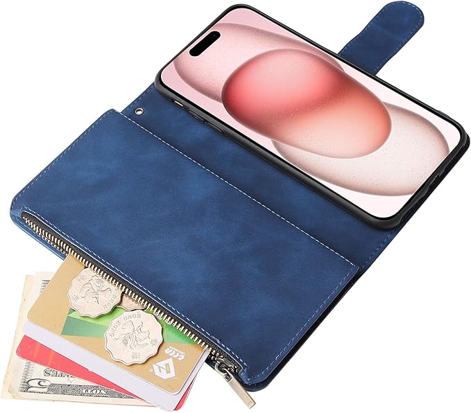 Asuwish Compatible with iPhone 15 6.1 inch Wallet Case Tempered Glass Screen Protector and Leather Flip Cover Card Holder Stand Cell Phone Cases for iPhone15 5G i i-Phone i15 15Case Women Men Blue