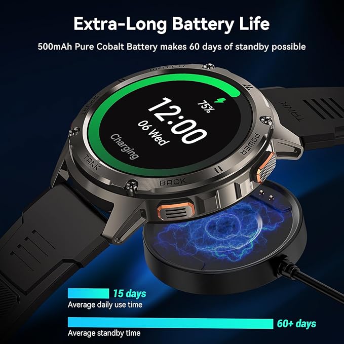 AMAZTIM Smart Watches for Men,60 Days Extra-Long Battery, Rugged Military Bluetooth Call(Answer/Dial Calls),1.43" Ultra HD AMOLED Display,Full Metal Body SmartWatch Compatible iPhone and Android