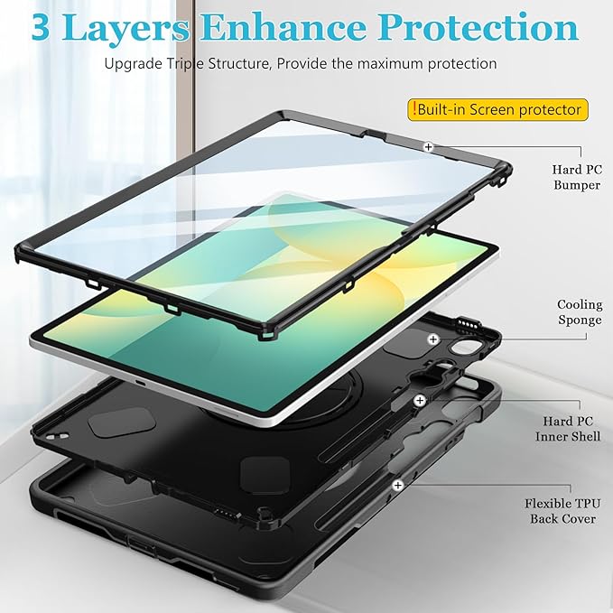 Case for Galaxy Tab S10 FE Plus 13.1" 2025: TPU Cover for Samsung Tablet S10 FE Plus/+ 13.1 Inch with Screen Protector- Stand- Handle-Shoulder Strap-S-Pen Holder-Black+Black