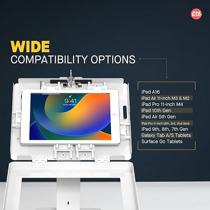 CTA Digital Sleek Rotating POS Desk Mount with Security Enclosure for iPad 10th Gen A16, iPad Air 11" M3 & M2, Pro 11", Galaxy Tab A7 & More - White (PAD-RSDMW)