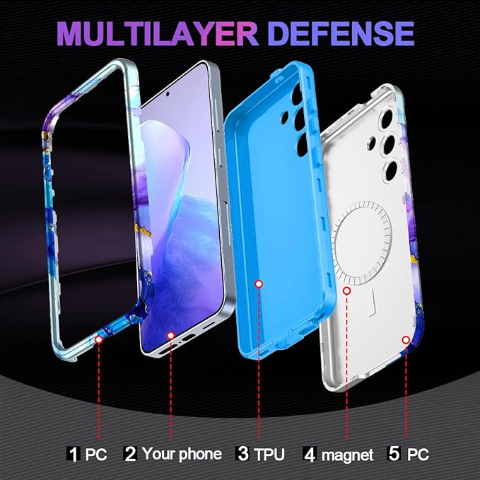 Casetego for Galaxy S24 Case,Compatible with MagSafe,[Military Grade Drop Test] Full Body Protection Slim Shockproof Rugged Marble Women Case for Samsung Galaxy S24 6.2 inch,Azure Blue