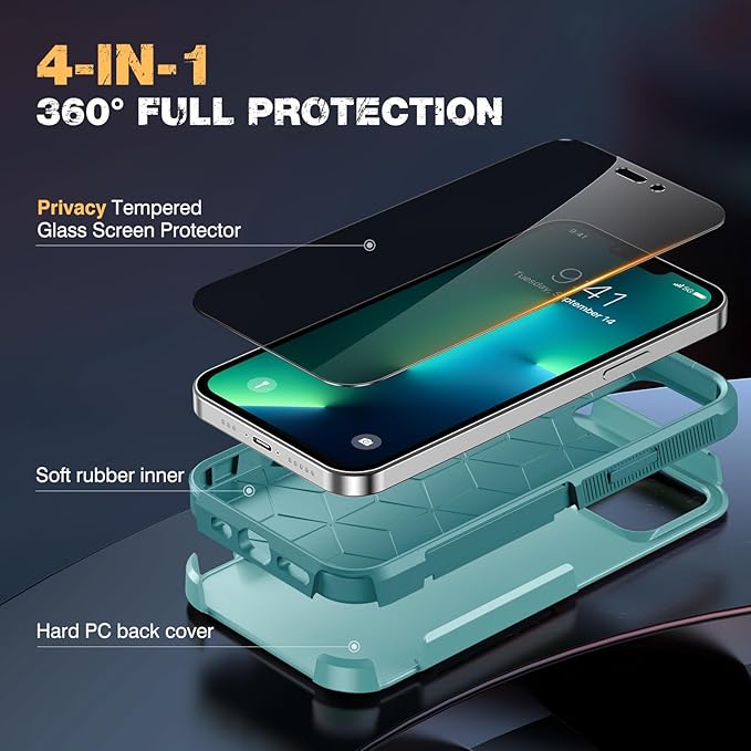 Diaclara Designed for iPhone 13 Pro Max Case, [with Privacy Screen Protector] [Anti Spy] [Military Grade Drop Protection] Heavy Duty Full-Body Shockproof Phone Case, Mint Green
