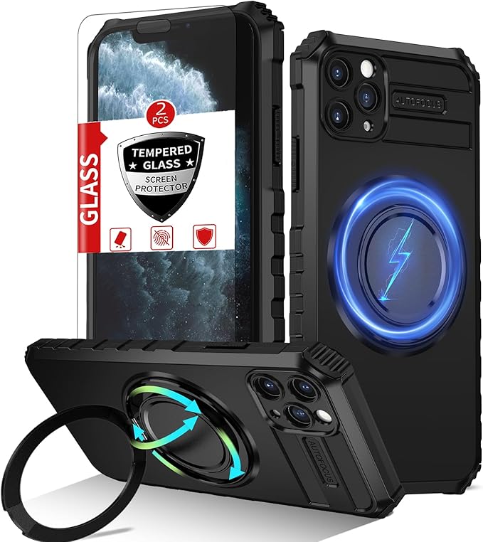 for iPhone 11 Pro Max Case Magnetic Compatible with MagSafe,with 2 Screen Protector,Built-in Camera Cover+Kickstand Ring,Military Grade Drop Shockproof Heavy Duty Protection Phone Bumper Black
