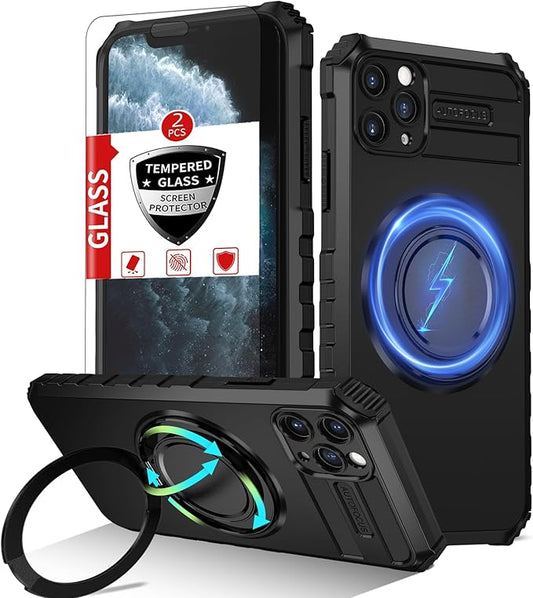 for iPhone 11 Pro Max Case Magnetic Compatible with MagSafe,with 2 Screen Protector,Built-in Camera Cover+Kickstand Ring,Military Grade Drop Shockproof Heavy Duty Protection Phone Bumper Black