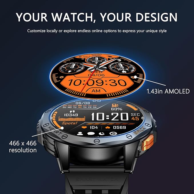 Military Smart Watch With GPS, 170+ Sport Modes Smartwatch with Heart Rate Monitor, Compass, Flashlight, GPS, Smart Watch for men,1.43" AMOLED Screen Bluetooth Call,Compatible iOS & Android (2 Bands)