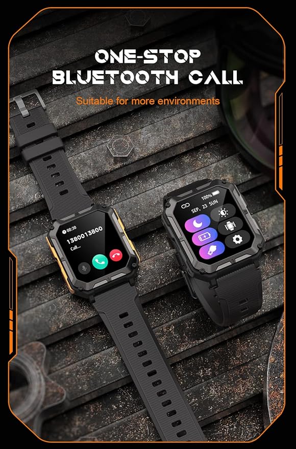 Gravity C20 Pro 1.83" Rugged Smartwatch, IP68 Waterproof, Bluetooth Call, AI Voice, 100+ Sports Modes, Heart Rate & Sleep Monitoring, Shockproof, Fitness Tracker for iOS & Android (Orange)