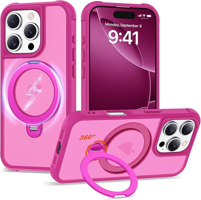 Compatible with iPhone 16 Pro Case with Invisible Magnetic 360°Spin Stand,Military-Grade Shockproof Protection [Compatible with Mag-Safe] Non-Slip Edge Translucent Case (6.3",Hot Pink)