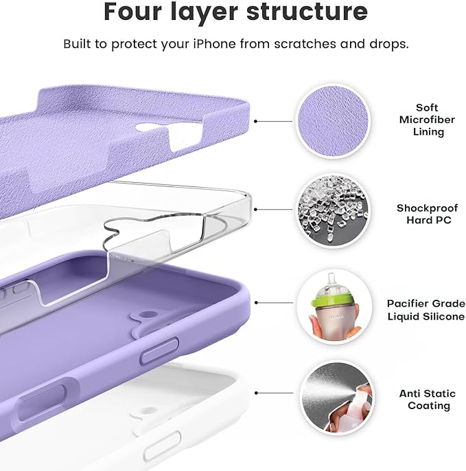 Vooii Compatible with iPhone 16 Case, Liquid Silicone Upgrade [Camera Protection] [Soft Anti-Scratch Microfiber Lining] Shockproof Phone Case for iPhone 16 6.1 inch - Light Purple