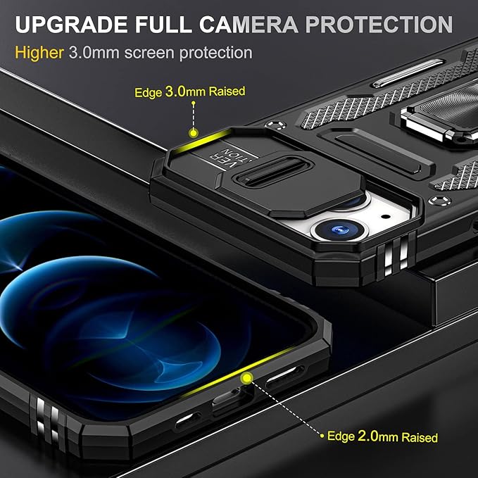 Case for iPhone 14 Phone Case iPhone 14 Case with Camera Cover, with Ring Holder Kickstand, with Magnetic Car Mount Function, for iPhone 14 (Black)