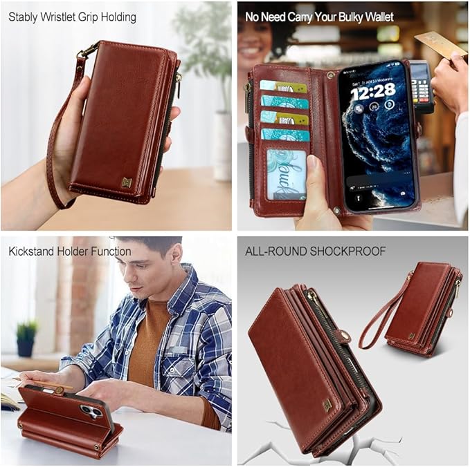 for iPhone 17 Wallet Phone Case with 7 Card Holder,RFID Blocking | PU Leather | Kickstand | Flip | Wrist Strap&Shoulder Strap | Shockproof | Zipper Wallet | Women Men | 6.3" | Brown