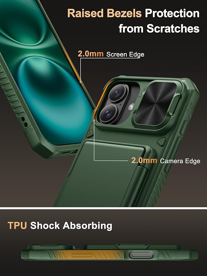 Vihibii for iPhone 16 Plus Case with Card Holder (4 Cards) [RFID Blocking] & Slide Camera Cover, Military Grade Drop Protection, Rugged Hard Back & Silicone Edge Wallet Phone Cover, 6.7" 2024, Green
