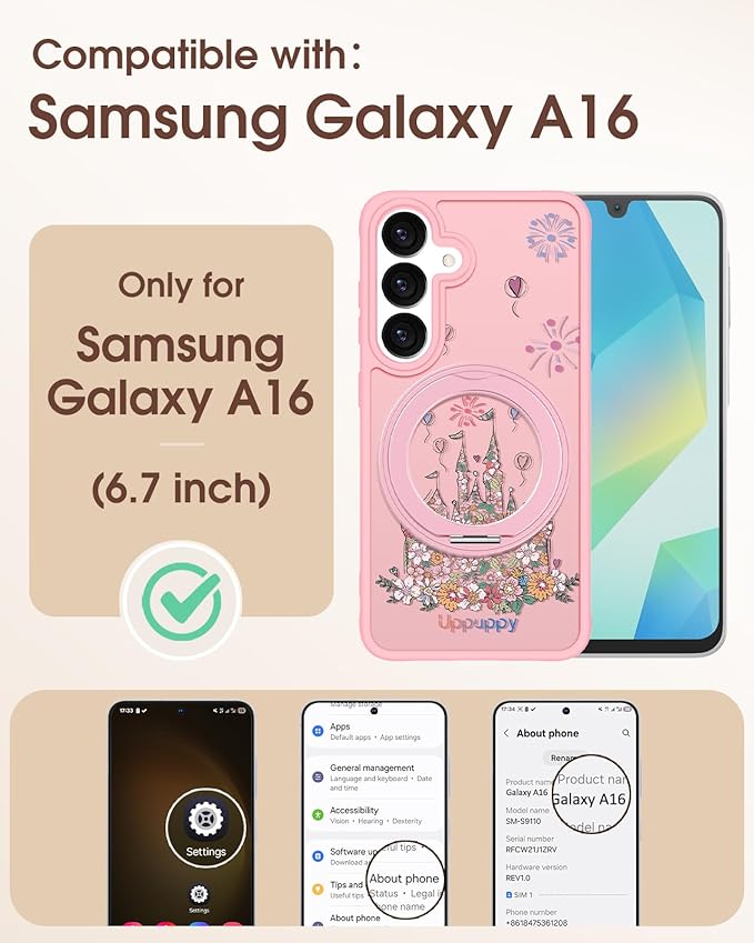 for Samsung Galaxy A16 4G/5G Case with 360° Rotatable Magnetic Ring - Semi-Transparent Anti-Fingerprint Soft-Touch Material Shockproof, Cute Pink Castle Design for Women Girl
