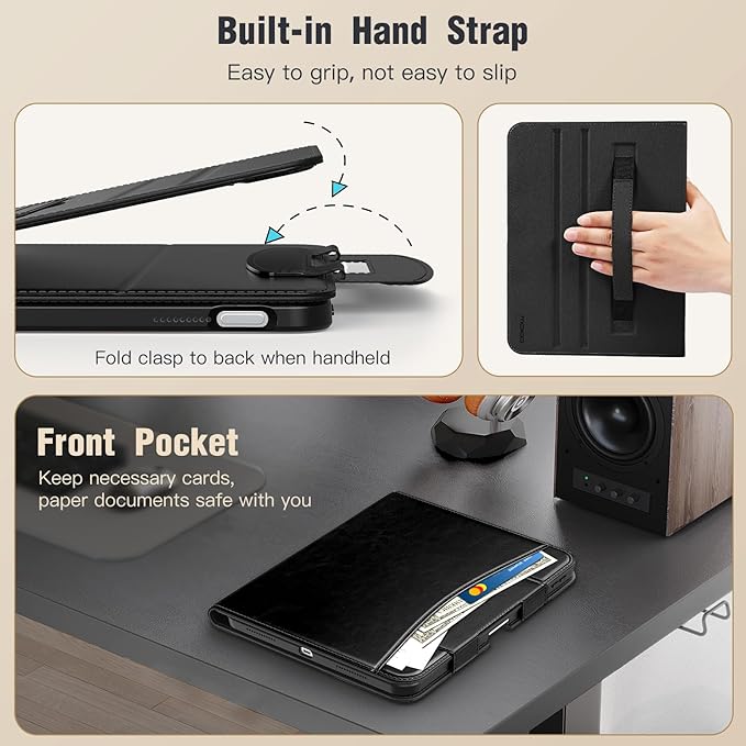MoKo for iPad (A16) 11th Generation Case 11 inch 2025, iPad 10th Generation Case 10.9" 2022 with Pencil Holder & Pocket, Premium Leather Folio Stand Cover, Multiple Viewing Angles, Black