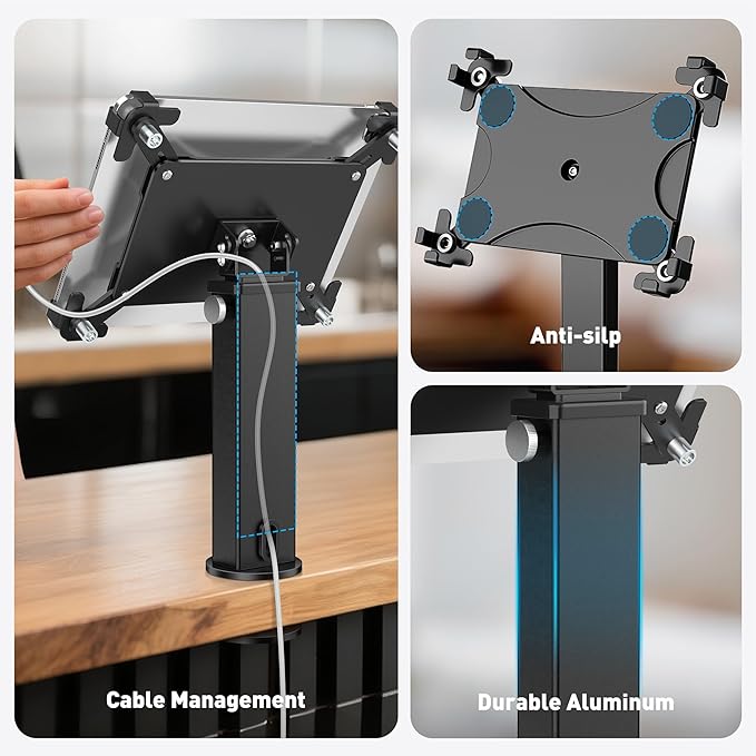 AboveTEK iPad Desk Grommet Mount, Adjustable Tablet Desk Mount with 360° Rotation & 180° Tilt, Fits 9.7"-13" Tablets, Anti-Theft iPad Stand, Heavy-Duty Aluminum Tablet Stand, Perfect for Work (Black)