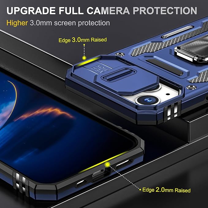 Case for iPhone 14 Plus Phone Case with Camera Lens Cover, with Ring Holder Kickstand, fit Magnetic Car Mount, for iPhone 14 Plus (Navy Blue)