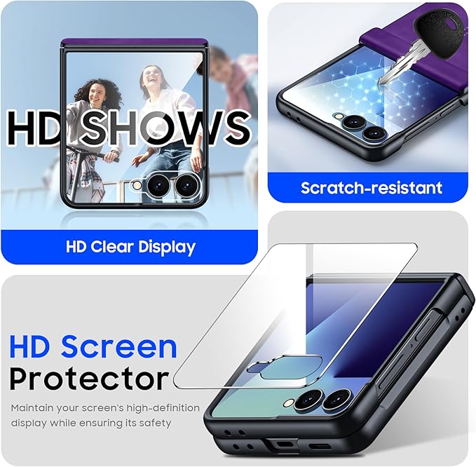 for Samsung Galaxy Z Flip 7 Case with Hinge Protection & Built-in Screen Protector, Ultra Thin Stylish Leather Matte PC Durable Shockproof Cover Phone Case for Galaxy Z Flip 7-Purple