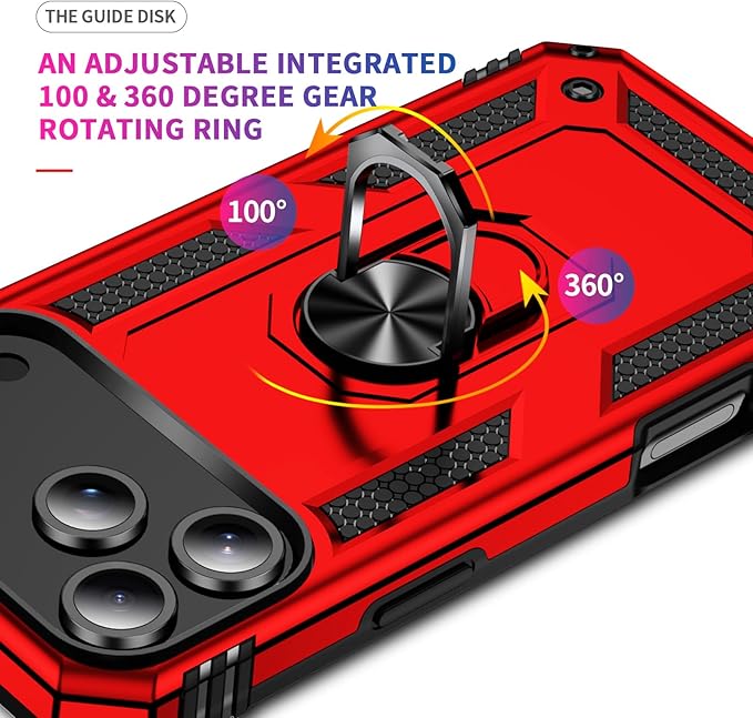 ADDIT Compatible with iPhone 17 Pro Case with Tempered Glass Screen Protector, Adjustable Kickstand Ring, Military-Grade Heavy Duty Protection, Shockproof, Anti-Fingerprint,Red