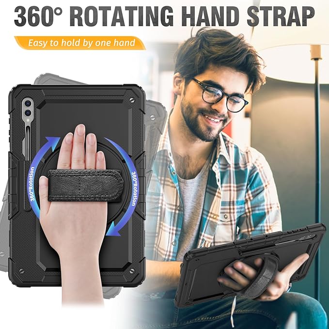 HXCASEAC Case for Samsung Galaxy Tab S7 FE 5G 12.4 inch, Protective with Screen Protector/Hand Strap/S Pen Holder, Heavy Duty Design for Samsung Galaxy S7 FE Tablet Case - Black