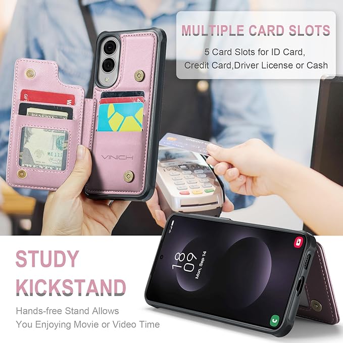 Vinich for Samsung Galaxy S25 Edge Wallet Case with Card Holder, RFID Blocking Credit Slots Kickstand Shockproof Phone Cover for Women Men, Pink