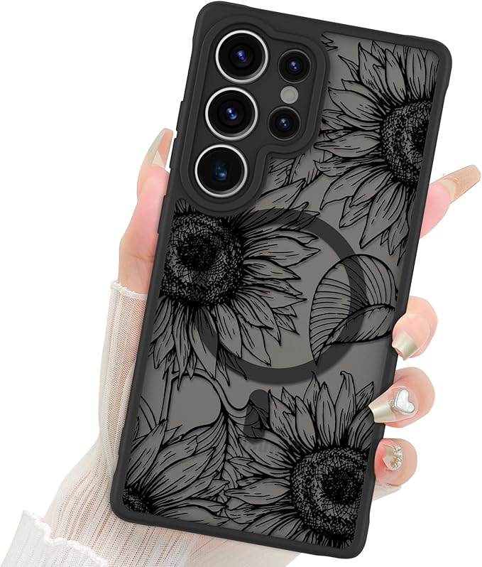 Fiyart Designed for Samsung Galaxy S25 Ultra Case Matte Flowers Design Compatible with MagSafe,Cute Sunflowers Anti-Scratch Translucent Phone Cover for Women Girls 6.8"-Black