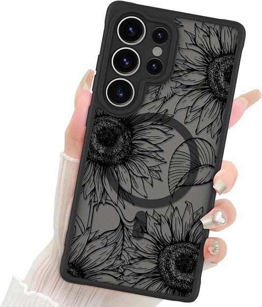 Fiyart Designed for Samsung Galaxy S25 Ultra Case Matte Flowers Design Compatible with MagSafe,Cute Sunflowers Anti-Scratch Translucent Phone Cover for Women Girls 6.8"-Black