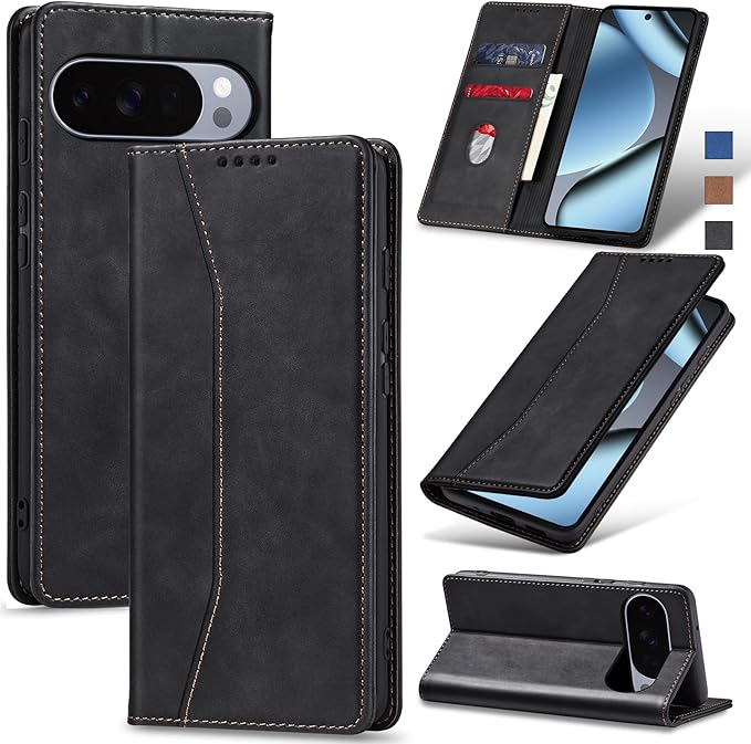 Jasonyu Flip Wallet Case for Google Pixel 10/10 Pro 5G,Leather Magnetic Folio Cover with Card Holder,Kickstand - TPU Shockproof Durable Protective Phone Case,Black