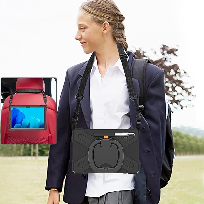 360 Rotation Portable Case for Galaxy Tab S8+/S7 FE/S7+ 12.4 Inch Case with S Pen Holder Rugged Case Rotating Stand Hand Strap Shoulder Carrying Strap Outdoor Cover (Black)
