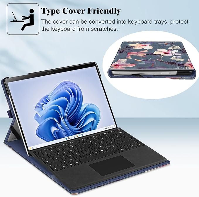 Fintie Case for 13 Inch Microsoft Surface Pro 11/10/9 - Multiple Angle Viewing Portfolio Business Cover with Pocket & Stylus Holder, Compatible with Type Cover Keyboard, Blooming Hibiscus