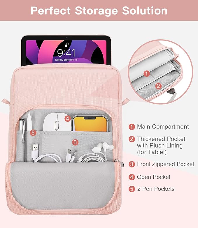 MoKo 12.9 Inch Tablet Sleeve Bag, Fits with 13 Inch New iPad Pro M4 & Air M2 2024,iPad Pro 12.9 M2&M1,Surface Laptop Go 12.4,Galaxy Tab S8+/S9+ 12.4,Handle Carrying Case with Shoulder Strap, Pink