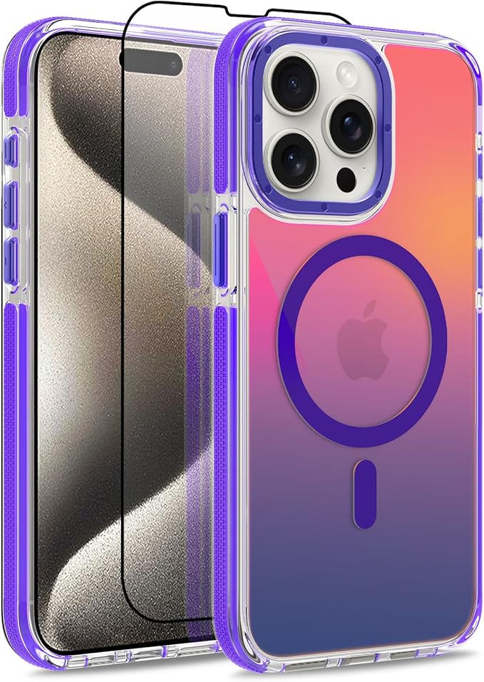MOWIME Magnetic Case for iPhone 15 Pro Max [Compatible with Magsafe] [Cute Fashion Fluorescent Design] [1 Screen Protector] Slim Translucent Matte Case for iPhone 15 Pro Max 6.7" 2023, Purple