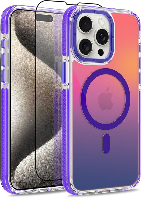 MOWIME Magnetic Case for iPhone 15 Pro Max [Compatible with Magsafe] [Cute Fashion Fluorescent Design] [1 Screen Protector] Slim Translucent Matte Case for iPhone 15 Pro Max 6.7" 2023, Purple