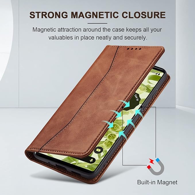 Jasonyu Flip Wallet Case for Google Pixel 6 5G,Leather Magnetic Folio Cover with Card Holder,Kickstand - TPU Shockproof Durable Protective Phone Case,Brown