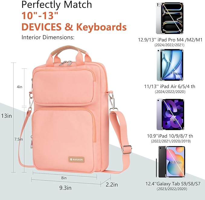 10-13 Inch Tablet Sleeve Bag, Ipad Bag for 13 In/11 in New iPad Pro M4 & 13 in Air M2 2024,iPad Pro 12.9 M2&M1,Ipad 10.9,Galaxy Tab S8+/S9+ 12.4,with Removable Shoulder Strap (Pink)