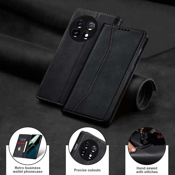 Jasonyu Flip Wallet Case for OnePlus 11 5G,Leather Magnetic Folio Cover with Card Holder,Kickstand - TPU Shockproof Durable Protective Phone Case,Black