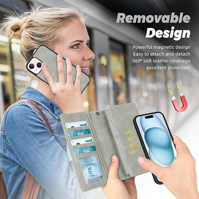 TwoHead Wallet Case Compatible with iPhone 15,Detachable Magnetic Phone Case,All-Round Protective Leather Phone Case with Card Holder,6.1 in,Gray