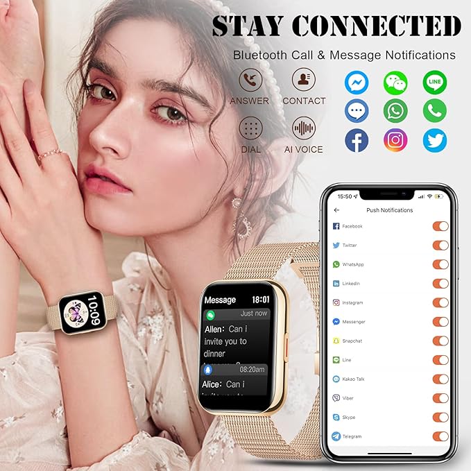 Smart Watch for Women(Answer/Dial Calls) 1.81" HD AI Voice Smartwatch with Fitness Tracker/Step Counter/Heart Rate Sleep Monitor, 120+ Sports Modes, IP68 Waterproof for Android/iOS, Gold/3 Bands
