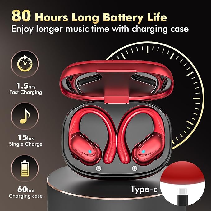 Wireless Earbuds, Sports Bluetooth Headphones, 80Hrs Playtime Ear Buds with LED Power Display, Noise Canceling Headset, IPX7 Waterproof Earphones for Workout/Running (Red)