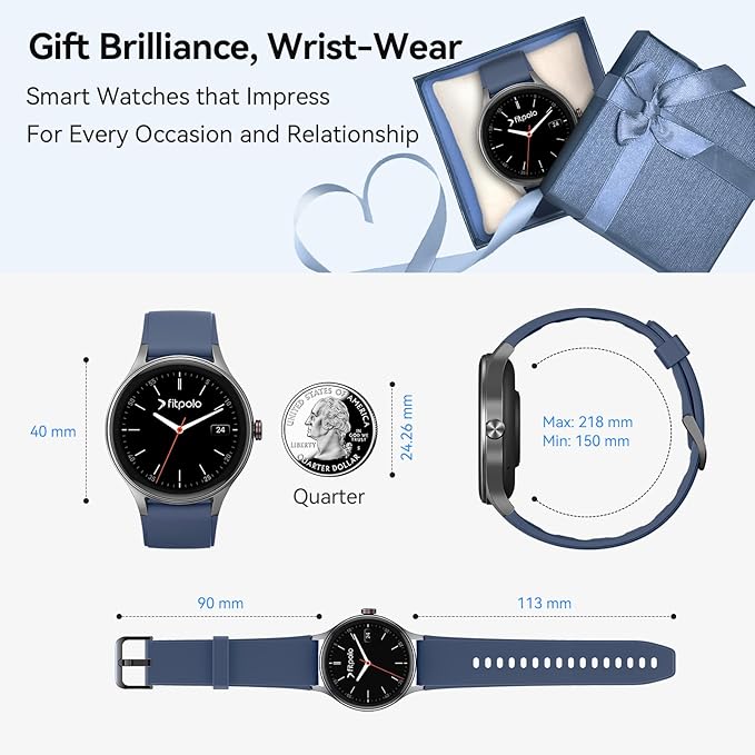 Fitpolo Smart Watches for Men/Women, 40mm Round Smartwatch Fitness Tracker with Bluetooth Calls (Make/Answer), Heart Rate/SpO2/Sleep Monitor, 7 Days Battery, IP68 Waterproof - Blue