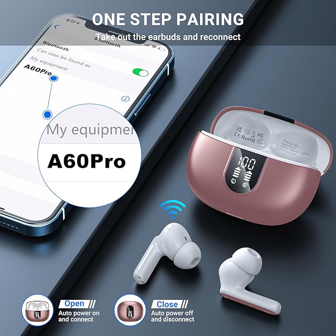 Wireless Earbuds, 2024 Wireless Headphones HiFi Stereo Earphones with 4 ENC Noise Canceling Mic, 42Hs Playtime In Ear Earbud, Bluetooth 5.3 Sport Earphones with LED Power Display for Android iOS Pink