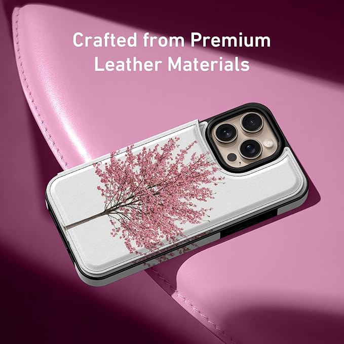 FUNMIKO for iPhone 16 Pro Max Wallet Case with Card Holder, RFID-Blocking, Military-Grade Protection & UV-Printed Artwork, Magnetic Closure with Leather Kickstand - Blooming Cherry Tree