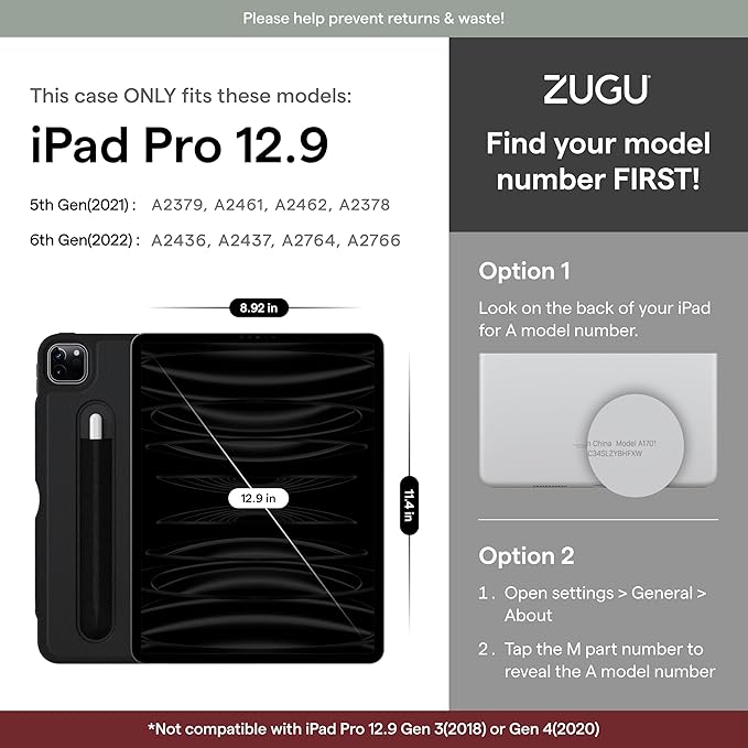 ZUGU Case for iPad Pro 12.9 Case 5th / 6th Generation Stand 2021/2022, Slim Protective Cover with Wireless Apple Pencil Charging, Magnetic Stand & Sleep/Wake Magnetic Cover, Slate Blue