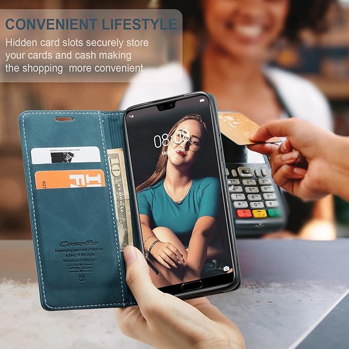 for Huawei P20 Case, Flip Wallet Leather Case with Card Holder Magnetic Closure Shockproof Kickstand Protective Phone Cases Cover for Huawei P20,Blue-Green