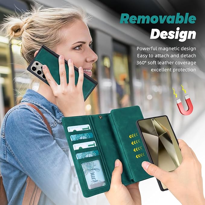 TwoHead for Samsung Galaxy S24 Ultra Wallet Case with Card Holder & Detachable Magnetic Phone Case for Galaxy S24 Ultra,PU Leather Shockproof Protective Phone Cover Wallet(6.8 in,Green)