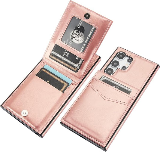 KIHUWEY for Samsung Galaxy S24 Ultra Case Wallet with Credit Card Holder, Flip Premium Leather Magnetic Clasp Kickstand Heavy Duty Protective Cover for Samsung Galaxy S24 Ultra 6.8" (Rose Gold)